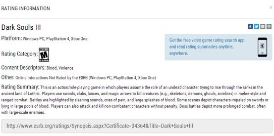 《黑暗之魂3》ESRB评级M 血腥暴力到哭